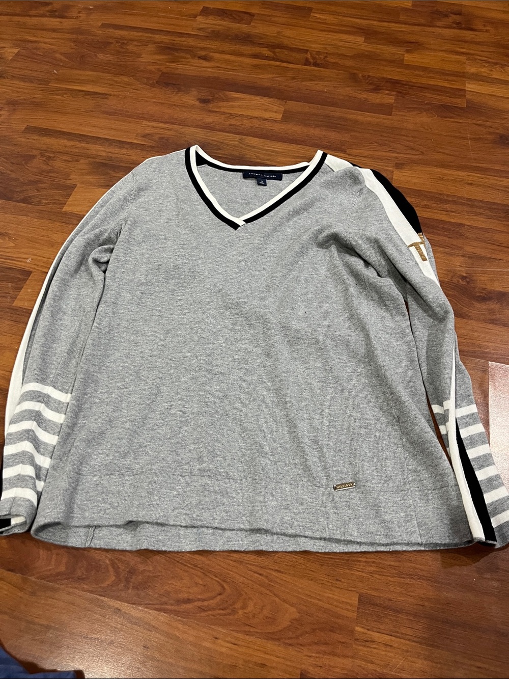Tommy Hilfiger Gray V-Neck Sweater with Black and White Trim